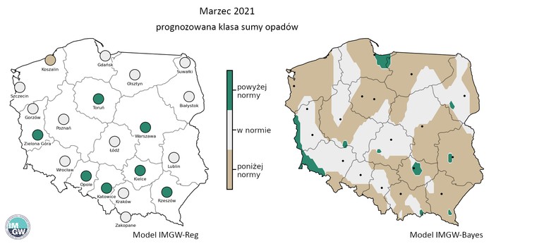 Prognozowana klasa miesięcznej sumy opadów w marcu 2021 r. według modelu IMGW-Reg i IMGW-Bayes