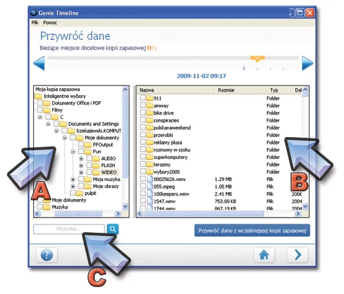 Odzyskiwanie plików w programie jest bardzo wygodne. Z lewej strony okna wskazujemy, w jakim katalogu znajdowały się dane (A). W prawej części wybieramy foldery lub pojedyncze pliki przeznaczone do odzyskania (B). Możemy także skorzystać z wyszukiwarki (C).