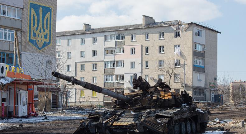 A burned tank is seen amid Russian-Ukrainian conflict in the city of Volnovakha, Donetsk Oblast, Ukraine on March 12, 2022.
