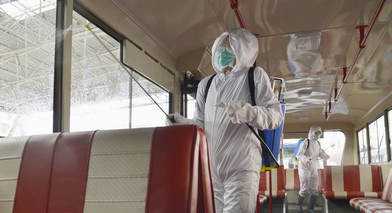 A trolley bus is disinfected in Pyongyang, North Korea, on February 22, 2020, amid fears over the spread of a new coronavirus.