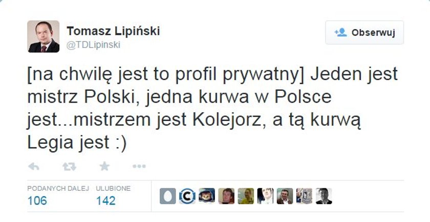 Radny PO, Tomasz Lipiński, cieszy się z triumfu Lecha Poznań!