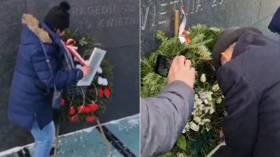Posłowie PiS Anita Czerwińska i Marek Suski usuwali tabliczkę z wieńca przed pomnikiem smoleńskim