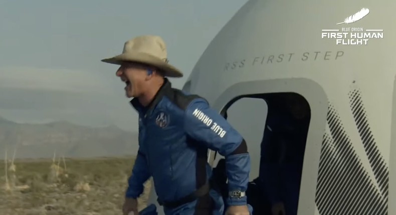 Jeff Bezos successfully landed after Blue Origin's first manned space flight.
