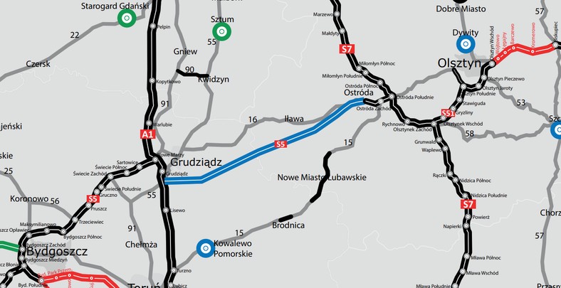 Przebieg S5 między Grudziądzem i Ostródą