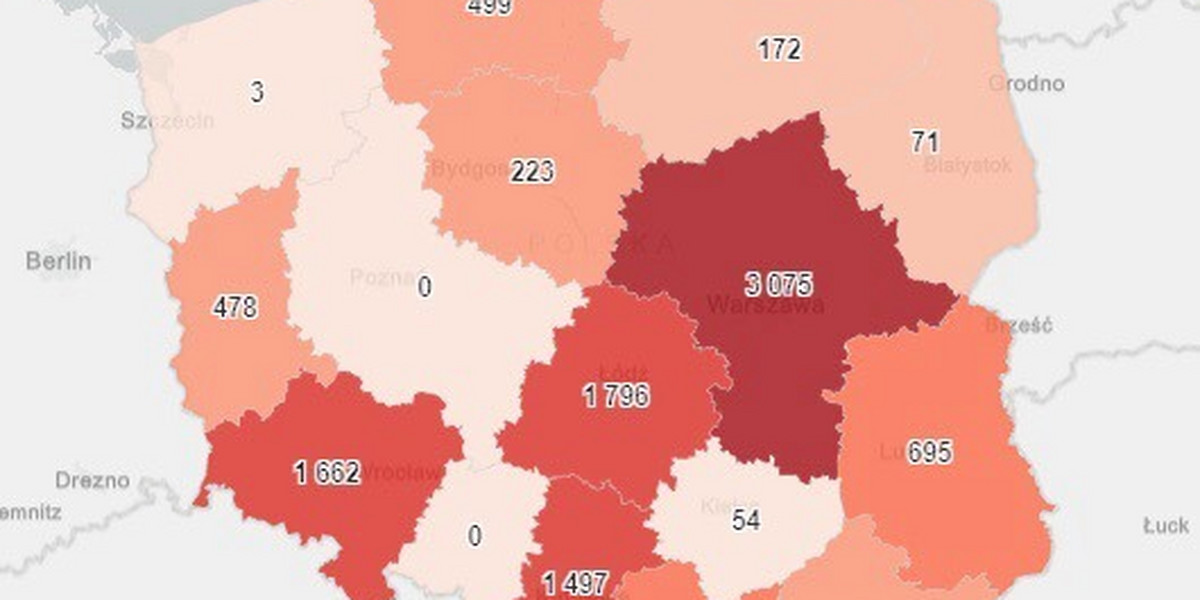 Tak wygląda mapa dziennych szczepień z 17 stycznia 2021 roku. Najwięcej osób zaszczepiono na Mazowszu, w dwóch województwach w Polsce - wielkopolskim i opolskim - nie wykonano żadnego szczepienia.