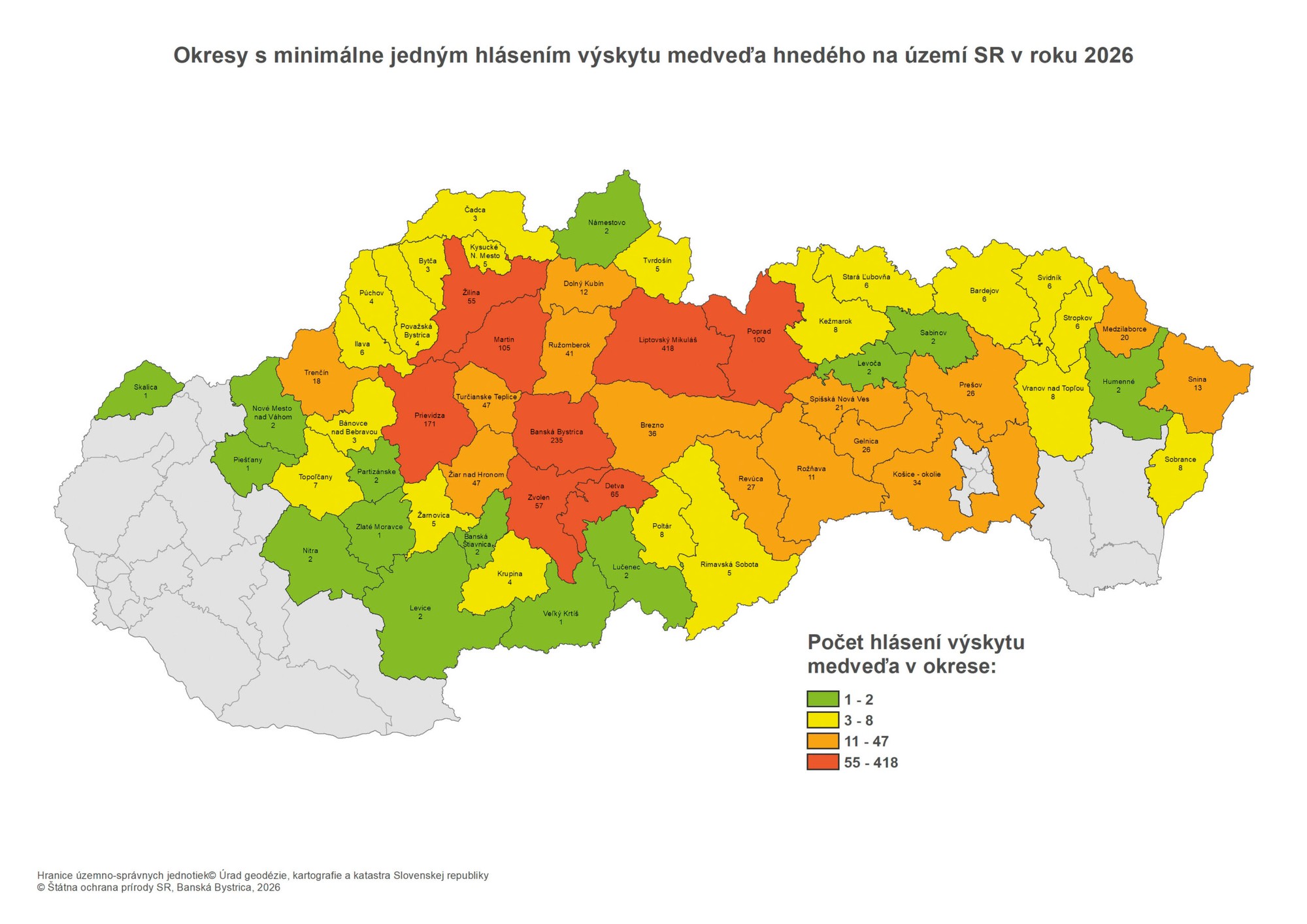 Aktuálna mapa hlásení výskytu medveďa hnedého.