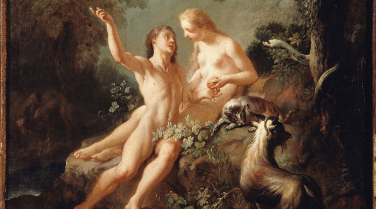 Ádám és Éva a Paradicsomban. Éva felajánlja Ádámnak a tiltott gyümölcsöt, amely bukásukat okozza. A macskát az ördög jelképének, a kecskét pedig a tisztátalanság szimbólumának tekintették. A művész Jean-Joseph Dumons, a mű keletkezése 1735 körülre tehető / Fotó: Getty Images