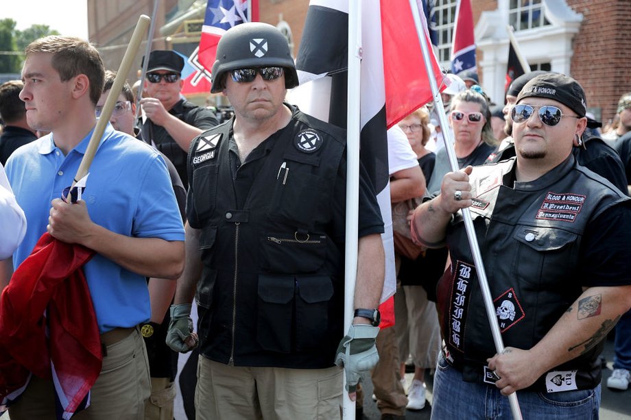 Hundreds of white nationalists, neo-Nazis, and members of the "alt-right" at the "Unite the Right" rally in Charlottesville, Virginia, August 12, 2017.