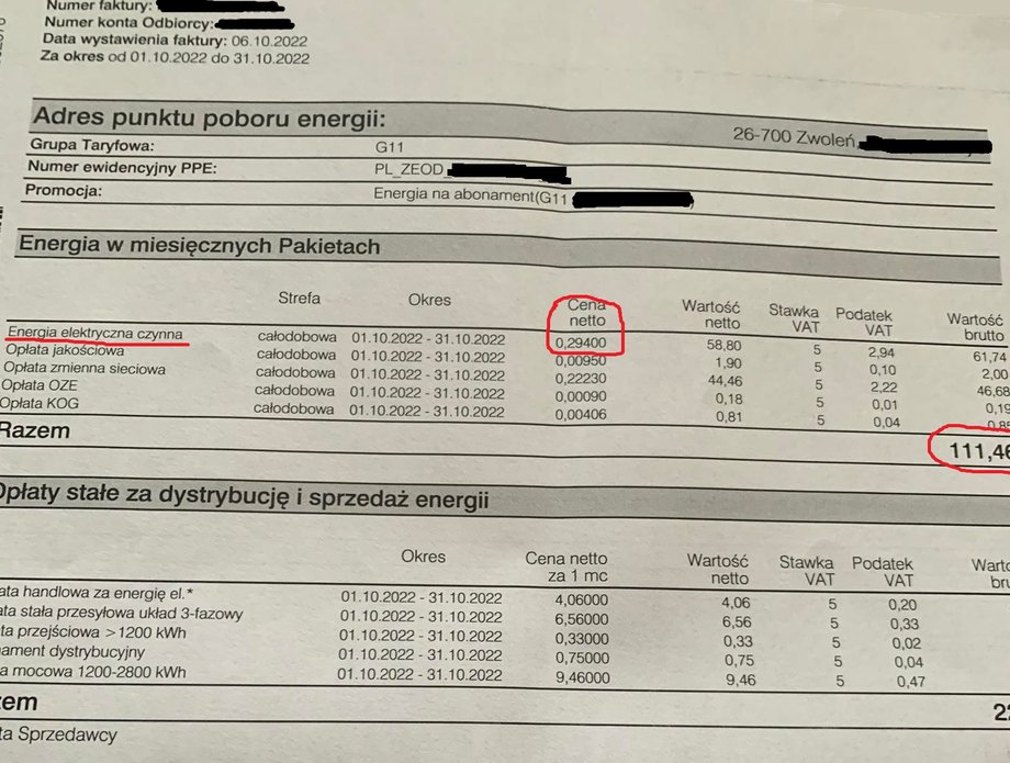 Rachunek za prąd naszej czytelniczki za październik 2022 r. 