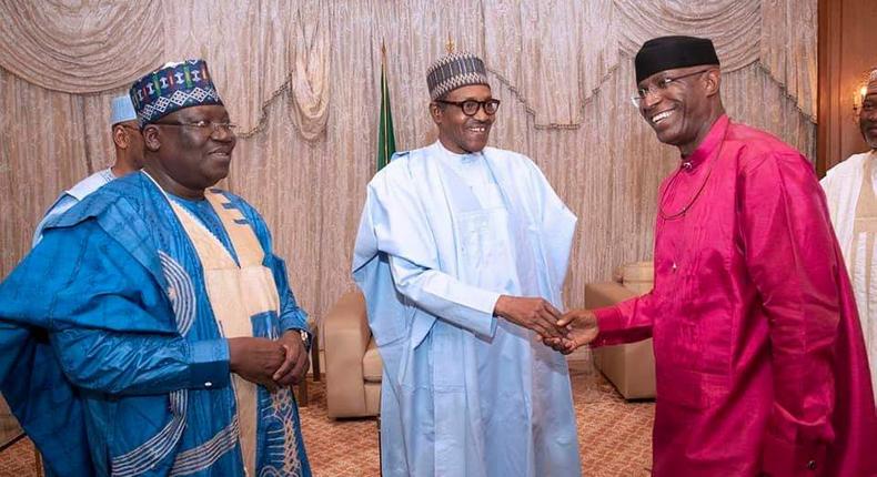 (From L-R) Senate President Ahmad Lawan, President Buhari and Deputy Senate President Ovie Omo-Agege after the inauguration of the 9th senate on June 11 (Presidency) 