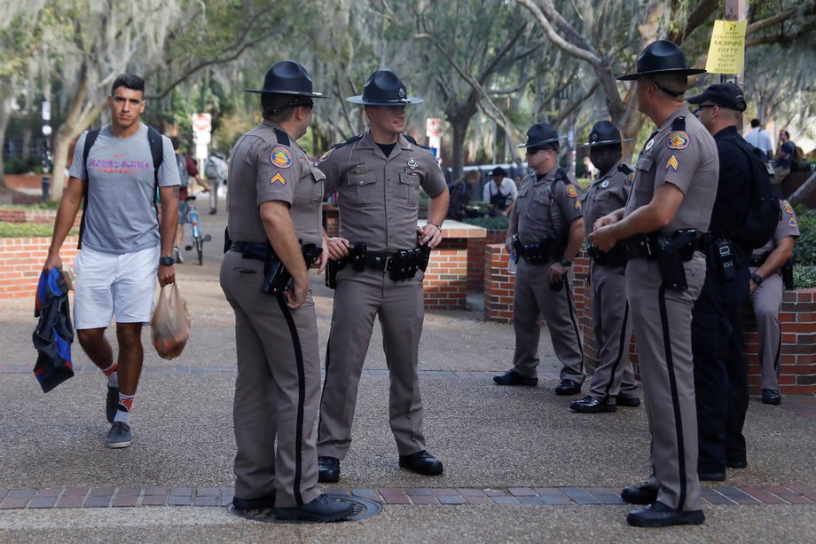 Florida Highway Patrol officers stand guard the day before a speech by Richard Spencer, an avowed white nationalist and spokesperson for the so-called alt-right movement, on the campus of the University of Florida in Gainesville, Florida, U.S., October 18, 2017.