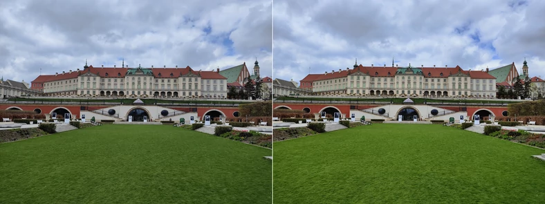 Standardowe zdjęcie z modułu standardowego (po lewej) oraz ten sam kadr przechwycony w ustawieniu Ulepszanie sceny AI (po prawej). Kliknij, aby powiększyć