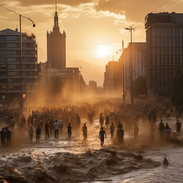 Warszawa podczas powodzi błyskawicznej według wizji Midjourney.