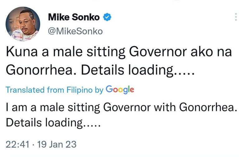 Translated tweet by former Nairobi Governor Mike Sonko