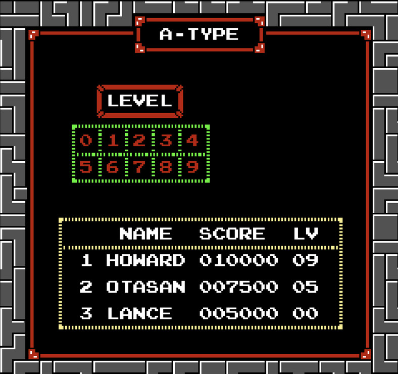 Ekran wyboru poziomów w Tetris