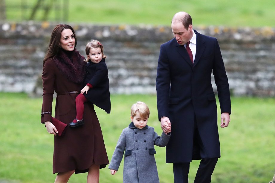 The Duke and Duchess of Cambridge walk with Prince George and Princess Charlotte on Christmas Day 2016, near the Middleton family home in Berkshire.