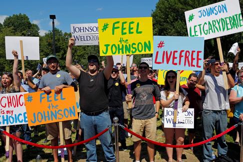 Supporters cheer at a campaign rally with Libertarian presidential candidate Johnson and vice presid
