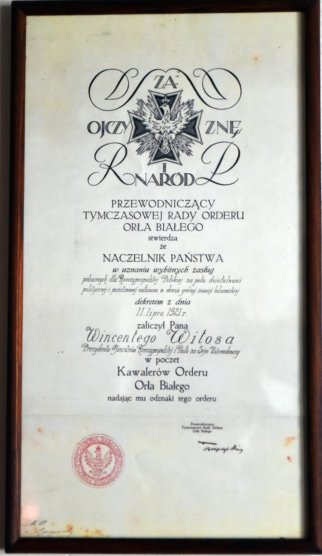 Dekret z 11 lipca 1921 r. potwierdzający nadanie Wincentemu Witosowi Orderu Orła Białego