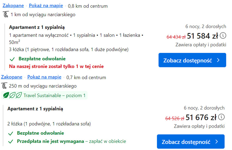 Aktualne ceny najdroższych ofert w Zakopanem na pierwszy tydzień ferii