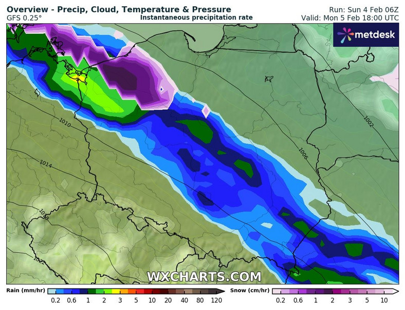 Dziś nad Polską znajdzie się front atmosferyczny z opadami deszczu, na północy przechodzącymi w śnieg