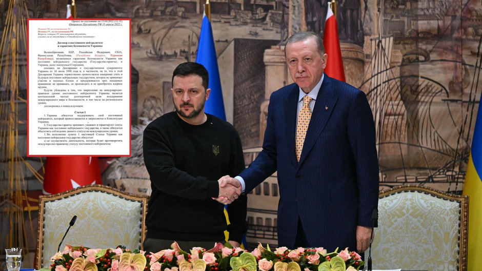 Prezydent Ukrainy Wołodymyr Zełenski, prezydent Turcji Recep Tayyip Erdogan w Stambule, 8 marca 2024 r. oraz strona dokumentu ugody, mogącej zakończyć inwazję na Ukrainę