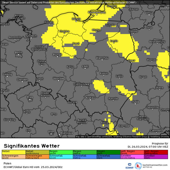 Dzień rozpoczniemy mgłami (kolor żółty na mapie), ale w ciągu dnia niebo w całej Polsce zdominuje słońce
