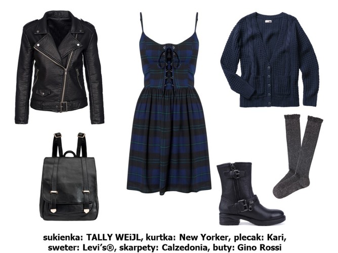 Sukienka TALLY WEiJL: 129,9 pln Kurtka New Yorker: 189 pln Plecak Kari: 99 pln Sweter Levi’s®: 829 pln Skarpety Calzedonia: 34,9 pln Buty Gino Rossi: 699,9 pln