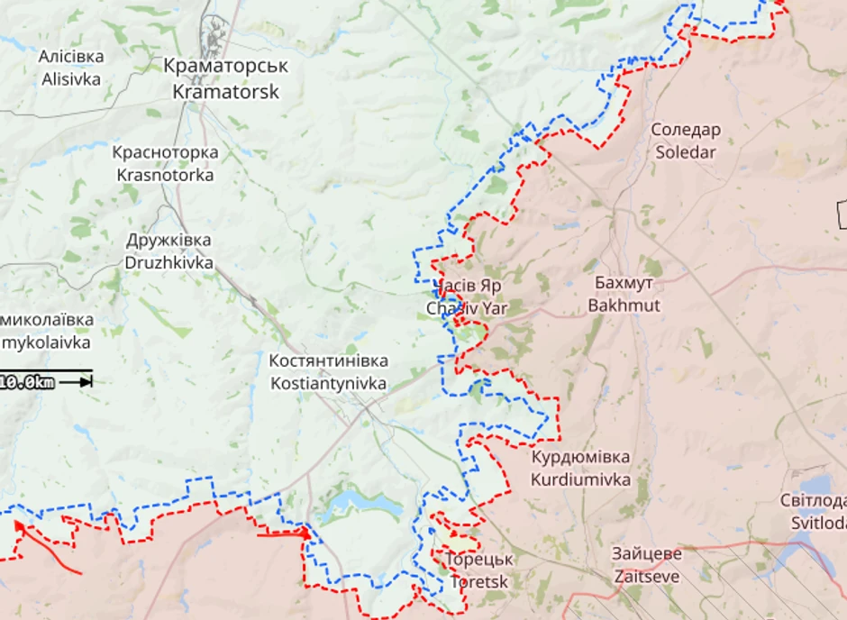 Mape pokazuju da je Časiv Jar većinski pod ruskom kontrolom