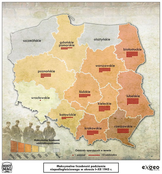 Maksymalna liczebność podziemia niepodległościowego w okresie I-XII 1945 r. (aut. Marcin Sobiech EXGEO Professional Map)