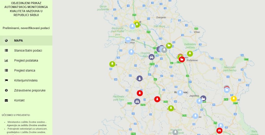 Pored Beograda, mapa SEPA pokazuje da je jako zagađen vazduh još u Obrenovcu, Lazarevcu, Valjevu, Užicu...