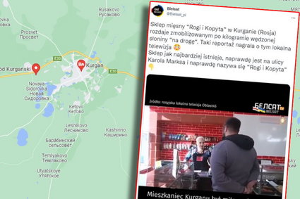 Biełsat pokazał nagranie z Rosji. Sklep Rogi i Kopyta rozdaje słoninę zmobilizowanym