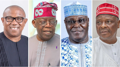 Presidential candidates, Peter Obi, Bola Tinubu, Atiku Abubakar and Rabiu Kwankwanso (Channels TV)