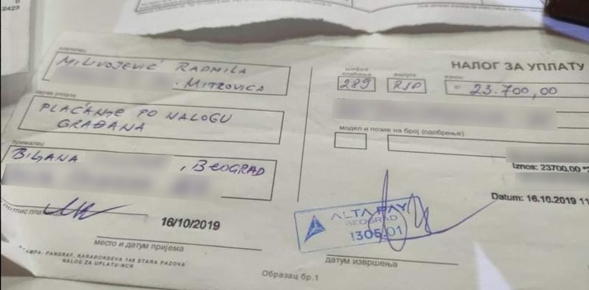 Radmilina uplata na račun Aleksandre S.