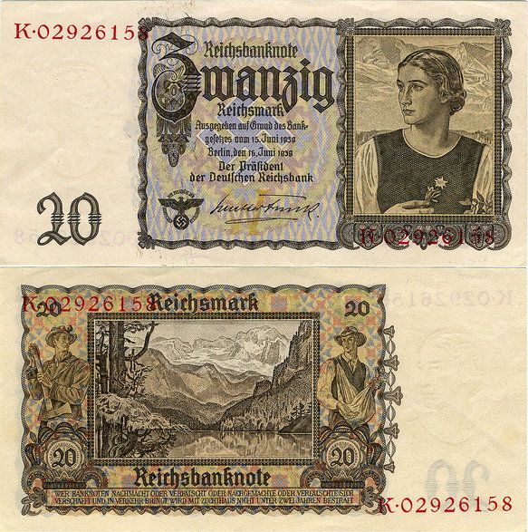 Niemieckie banknoty z 1939 roku.