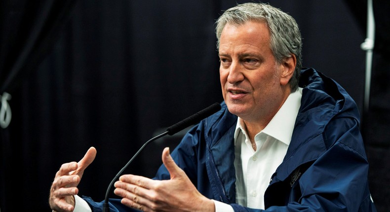 New York City Mayor Bill De Blasio speaks to the media.
