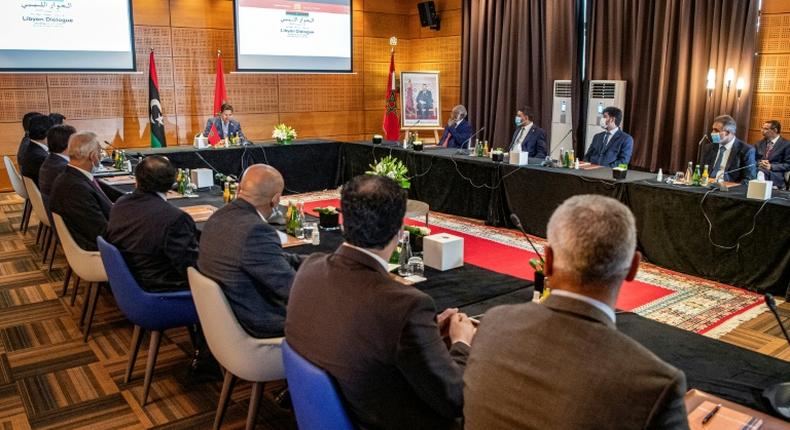 Nasser Bourita, Morocco's foreign minister, chairs a meeting of representatives of Libya's rival administrations in the coastal town of Bouznika, south of Rabat