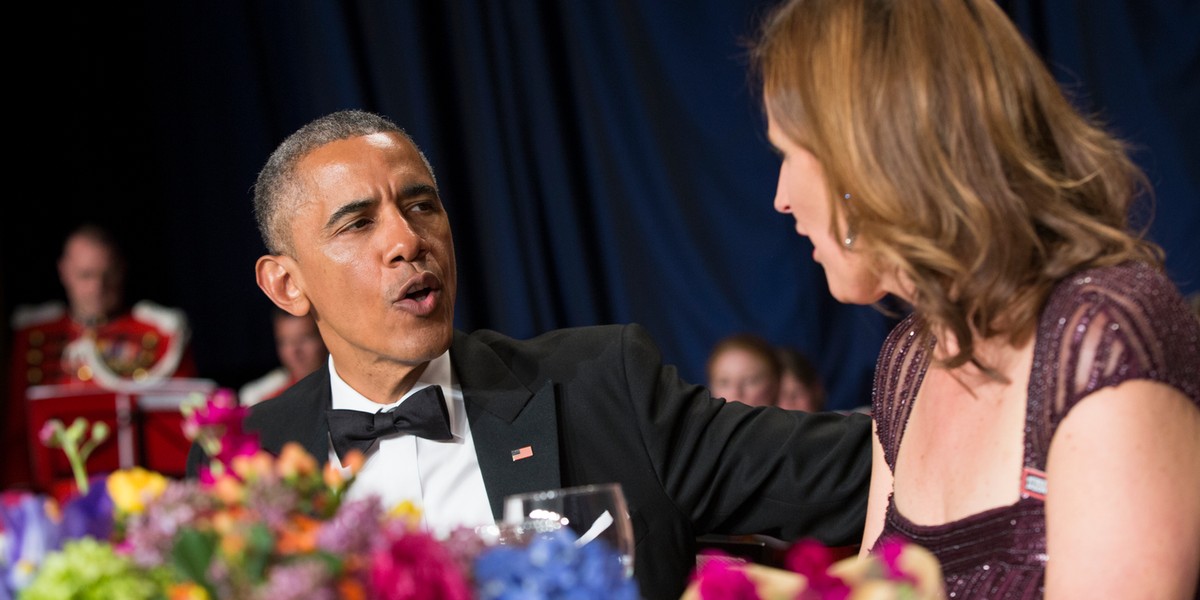 President Barack Obama, left, talks with White House Correspondents Association president Christi Parsons during the White House Correspondents' Association dinner at the Washington Hilton on Saturday, April 25, 2015, in Washington.