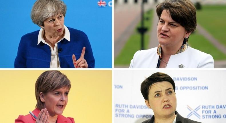 This combination image shows (Top L-R) British Prime Minister Theresa May, Democratic Unionist Party (DUP) leader Arlene Foster, (bottom L-R) First Minister of Scotland and leader of the Scottish National Party (SNP) Nicola Sturgeon and Scottish conservative leader Ruth Davidson