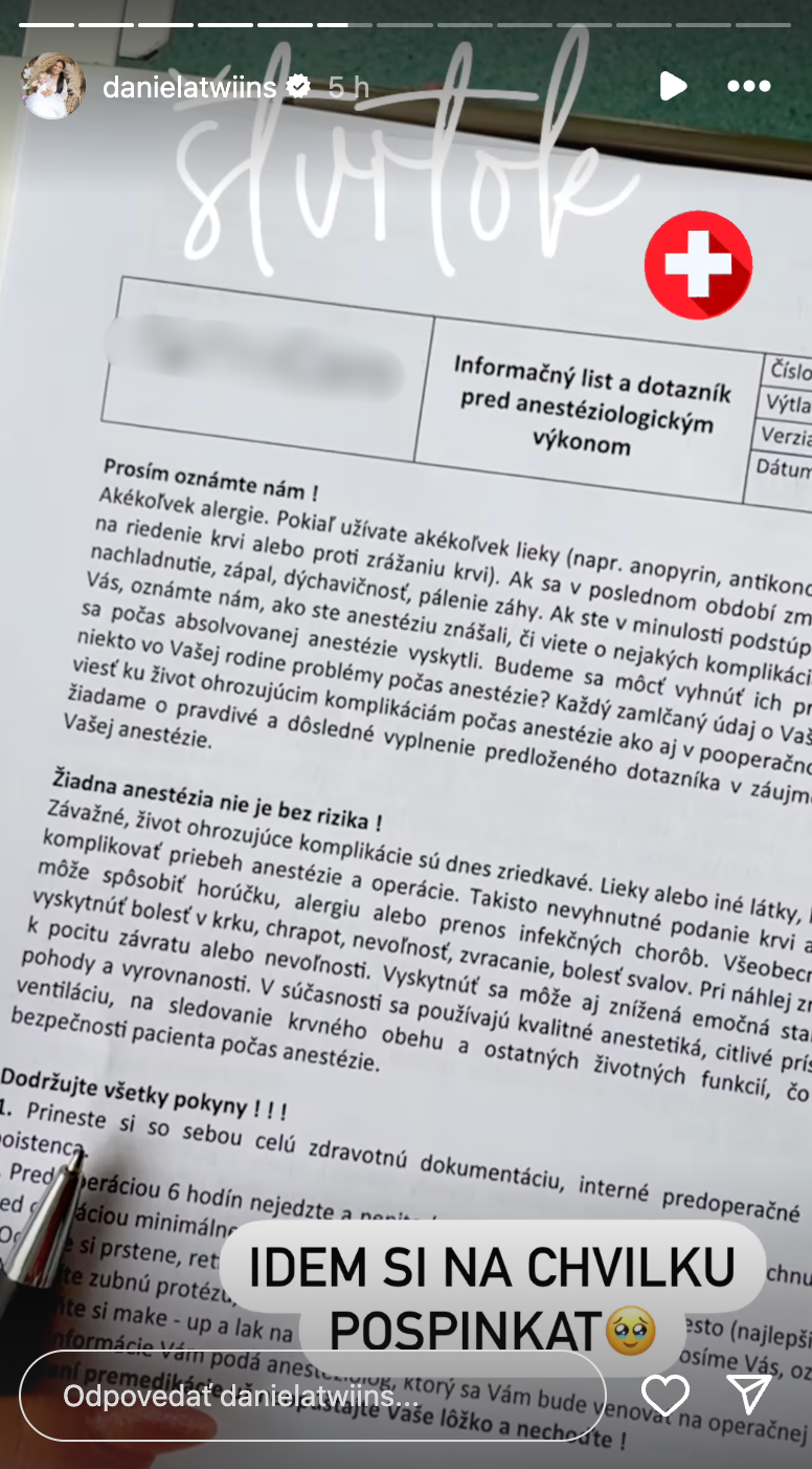 Toto zverejnila Daniela Nízlová pred operáciou.