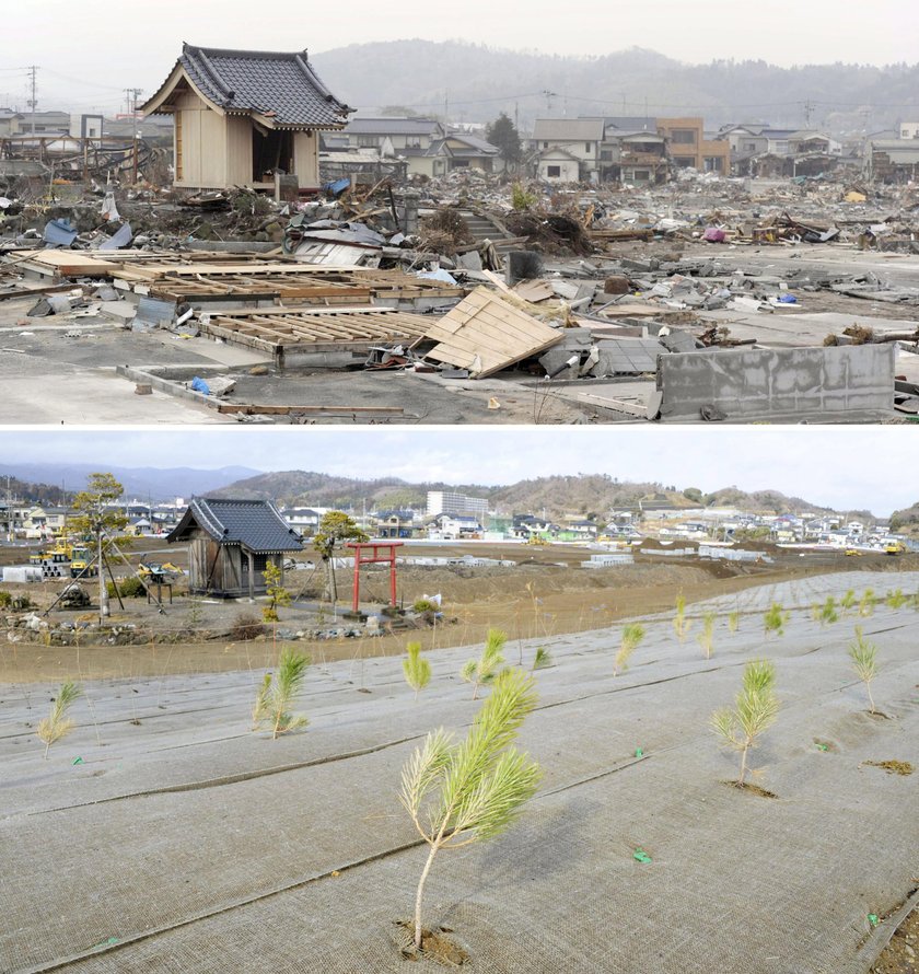 Iwaki w prefekturze Fukushima. Zdjęcia zrobiono 27 kwietnia 2011 roku i 14 lutego 2016 roku.