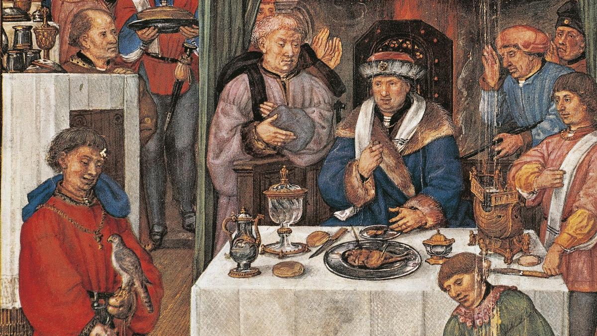 The month of January: Rich man's banquet, miniature from the Grimani Breviary manuscript, folio 1 ve