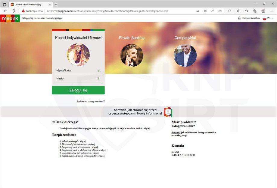 Fałszywa strona podszywająca się pod mBank.