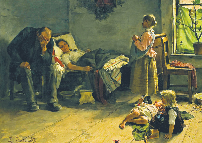 Obraz „Chora matka”, namalowany przez Zdzisława Jasińskiego w czasie epidemii grypy, trwającej od 1889 r. do 1891 r.