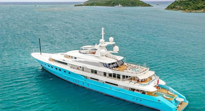 The five-deck Axioma boasts six cabins and has a glass elevator, cinema, and infinity pool.