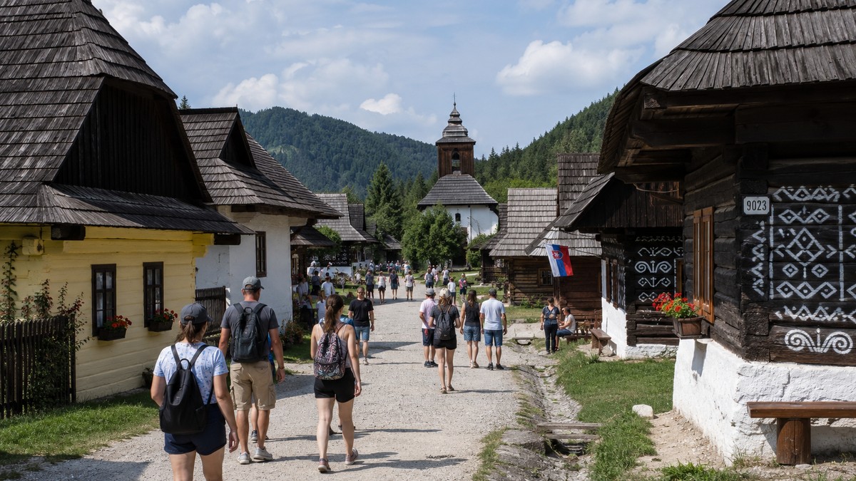 Turisti u slovačkom selu - ilustracija