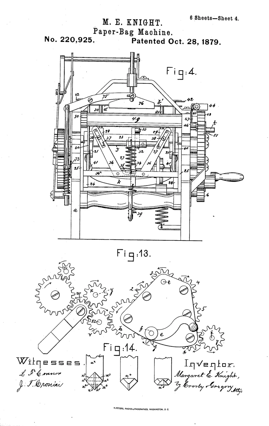 Szkic maszyny do produkcji papierowych toreb autorstwa Margaret Knight.