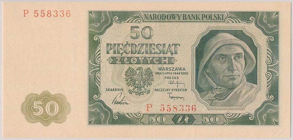 Banknot o nominale 50 zł (emisja z 1 lipca 1948), wprowadzony w wyniku reformy walutowej w Polsce w 1950.