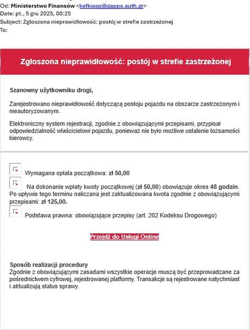 Oszuści podszywają się pod Ministerstwo Finansów żądając zapłaty za postój w strefie zastrzeżonej