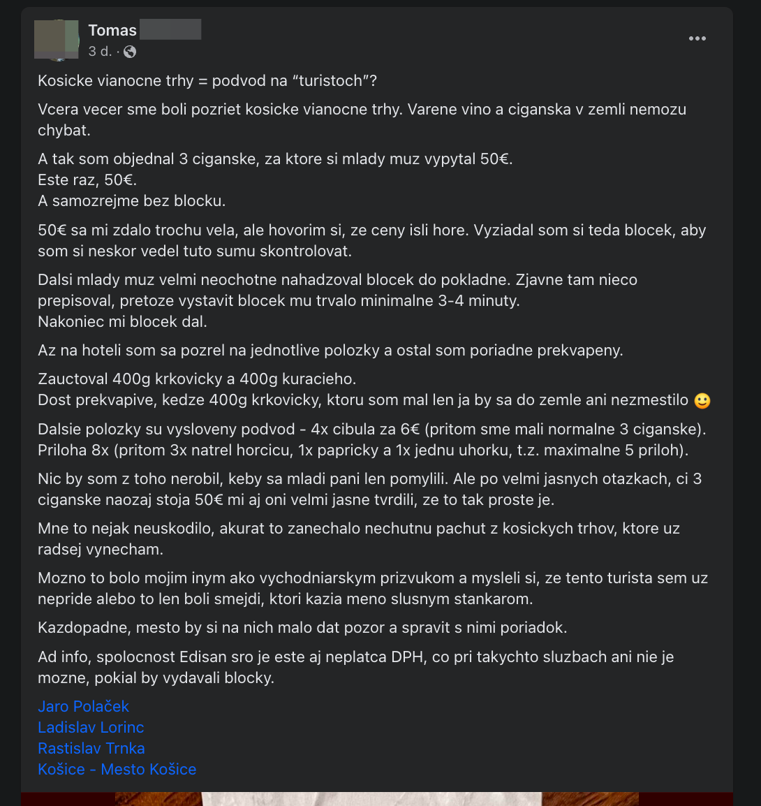 Tomáš zverejnil účet z košických vianočných trhov.