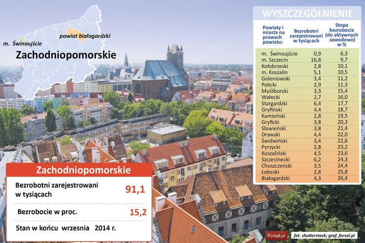 Tylko dwa miasta na prawach powiatu w województwie zachodniopomorskim mogą poszczycić się jednocyfrową stopą bezrobocia. W Świnoujściu wynosi ona 6,3 proc., a w Szczecinie – 9,7 proc. W całym województwie bezrobocie sięga 15,2 proc. i jest najniższe od 2009 roku. <br>Głównymi obszarami gospodarki Świnoujścia jest przemysł morski i turystyka. Terminal promów morskich w Świnoujściu zapewnia jest ważnym ogniwem łączącym Europę środkową i południową ze Skandynawią – stąd też pochodzi najwięcej firm inwestujących w Świnoujściu.  To właśnie tutaj powstaje terminal LNG, jedna z największych polskich inwestycji energetycznych w ostatnich latach (2,5 mld zł), która może zmniejszyć naszą zależność od gazu z Rosji. Z szacunków firmy EY wynika, ze dzięki terminalowi do 2025 r. w Polsce średniorocznie może powstać nawet 4,5 tys. dodatkowych miejsc pracy, z czego 500 - w woj. zachodniopomorskim.
<br>Najwięcej osób w woj. zachodniopomorskim pracuje w branży przemysłowej i w handlu.  Na terenie województwa działa aż 20 podstref 4 specjalnych stref ekonomicznych. Wokół Szczecina międzynarodowe koncerny chętnie lokalizują swoje centra usług, zatrudnienie w nich znalazło już ok. 3 tys. osób, a w kolejnych 2 latach firmy będą szukać kolejnego tysiąca pracowników. W Szczecinie inwestuje wiele zagranicznych koncernów, głównie Niemiec, z Danii, Norwegii, Cypru i Szwecji. Najwięksi  z nich to belgijskie Fast Lines (transport i gospodarka magazynowa) i FastHercoGroup (produkcja wyrobów metalowych). 
<br>Najsłabiej w regionie radzi sobie powiat białogradzki – stopa bezrobocia przekracza tu 26,4 proc. Problemy na rynku pracy utrzymują się tu od czasu likwidacji PGR-ów. Od kilku lat w powiecie działa Stowarzyszenie Inicjatyw Społeczno Gospodarczych, które próbuje pozyskiwać  i inwestorów i wpierać lokalnych przedsiębiorców.